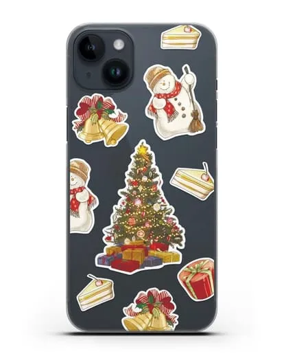 Чехол с иллюстрацией Новогодняя ёлка и снеговик силиконовый для iPhone 14 Plus