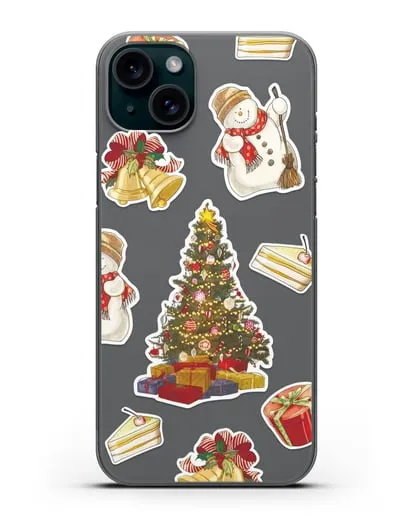 Чехол с иллюстрацией Новогодняя ёлка и снеговик силиконовый для iPhone 15 Plus