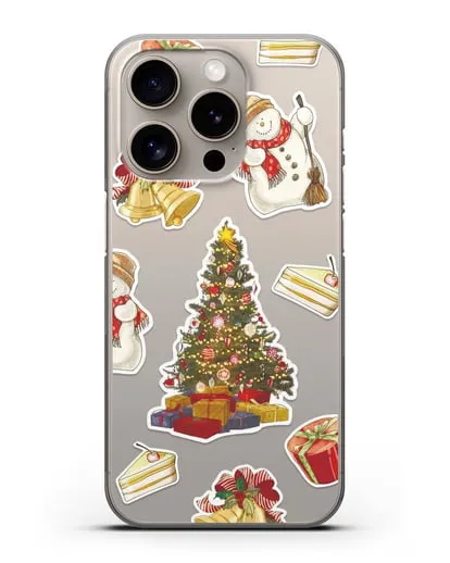 Чехол с иллюстрацией Новогодняя ёлка и снеговик силиконовый для iPhone 15 Pro