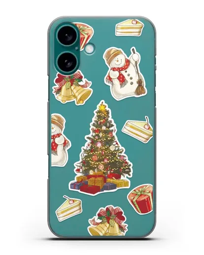 Чехол с иллюстрацией Новогодняя ёлка и снеговик силиконовый для iPhone 16 Plus