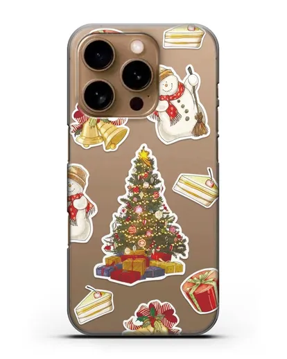 Чехол с иллюстрацией Новогодняя ёлка и снеговик силиконовый для iPhone 16 Pro