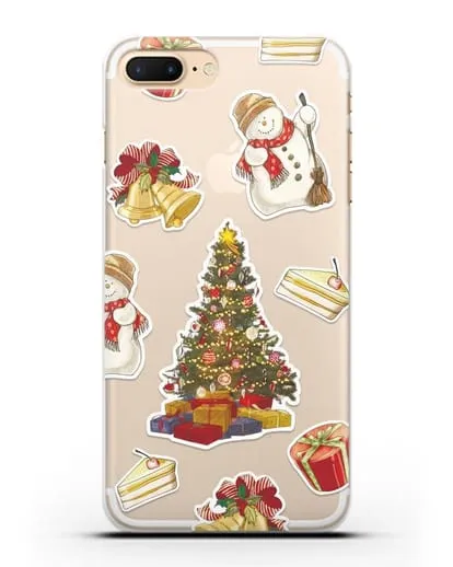 Чехол с иллюстрацией Новогодняя ёлка и снеговик силиконовый для iPhone 8 Plus