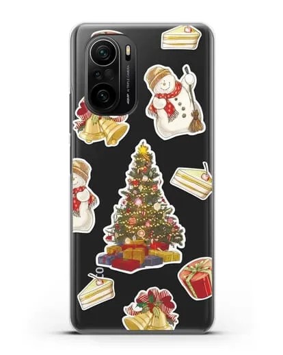 Чехол с иллюстрацией Новогодняя ёлка и снеговик силиконовый для Xiaomi Poco F3 Pro