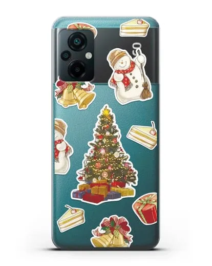 Чехол с иллюстрацией Новогодняя ёлка и снеговик силиконовый для Xiaomi Poco M5