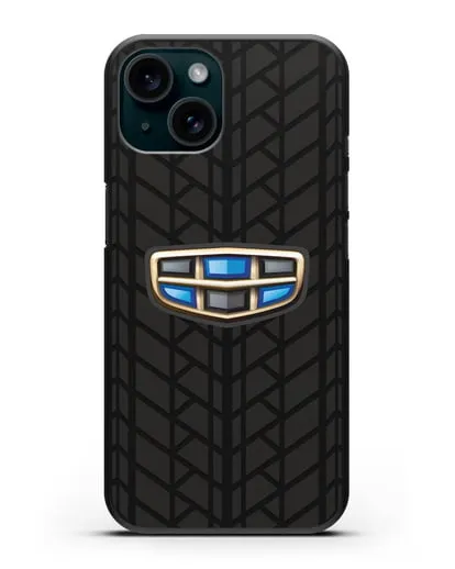 Чехол с логотипом Geely (Джили) и протектором шин силиконовый для iPhone 15