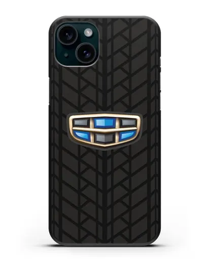 Чехол с логотипом Geely (Джили) и протектором шин силиконовый для iPhone 15 Plus