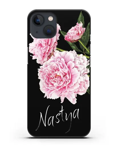 Именной чехол Розовые пионы силиконовый для iPhone 13 Mini