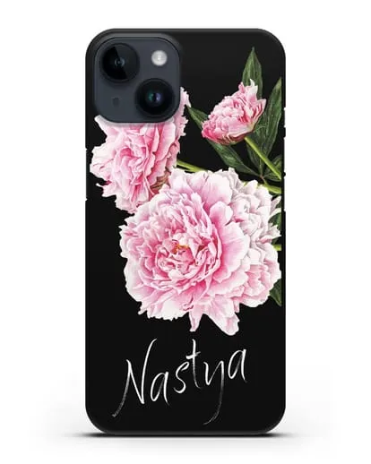 Именной чехол Розовые пионы силиконовый для iPhone 14