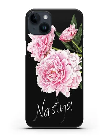 Именной чехол Розовые пионы силиконовый для iPhone 14 Plus