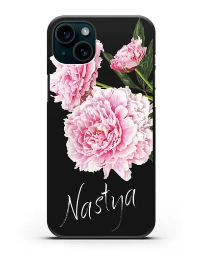 Именной чехол Розовые пионы силиконовый для iPhone 15 Plus