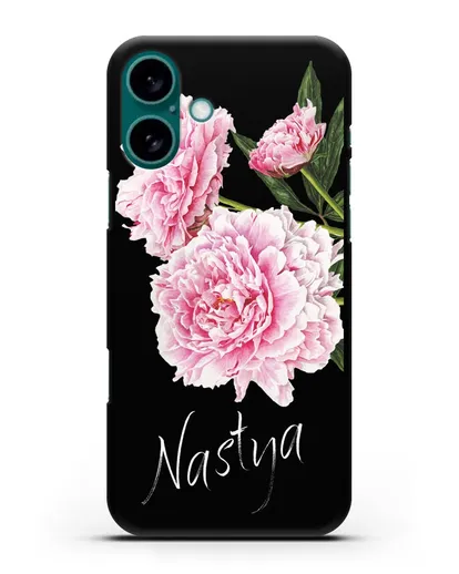 Именной чехол Розовые пионы силиконовый для iPhone 16 Plus
