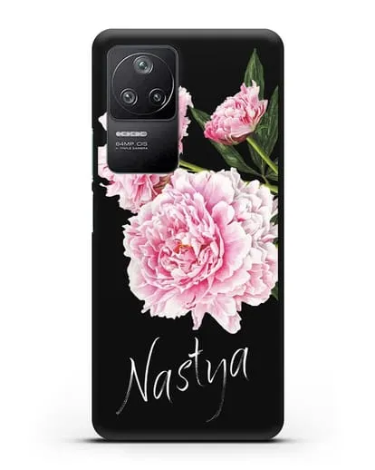 Именной чехол Розовые пионы силиконовый для Xiaomi Poco F4