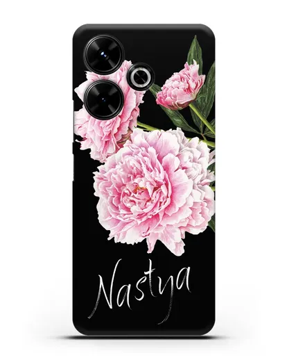 Именной чехол Розовые пионы силиконовый для Xiaomi Poco M6