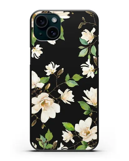 Чехол Магнолия белая силиконовый для iPhone 15 Plus