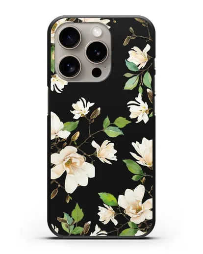Чехол Магнолия белая силиконовый для iPhone 15 Pro