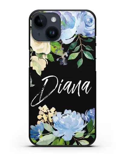 Именной чехол Роза голубая силиконовый для iPhone 14