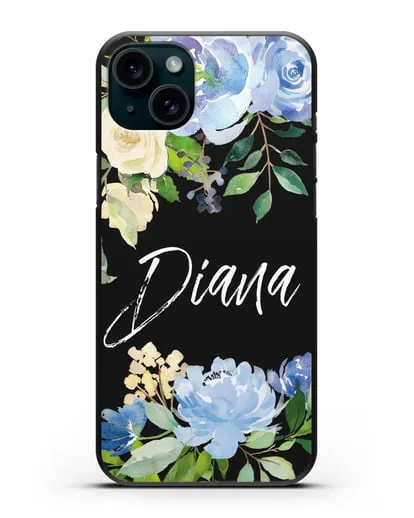 Именной чехол Роза голубая силиконовый для iPhone 15 Plus