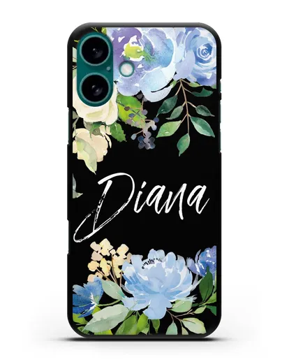 Именной чехол Роза голубая силиконовый для iPhone 16 Plus