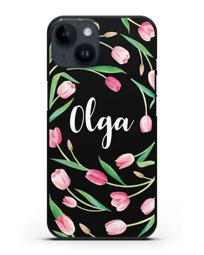 Именной чехол Тюльпаны розовые силиконовый для iPhone 14