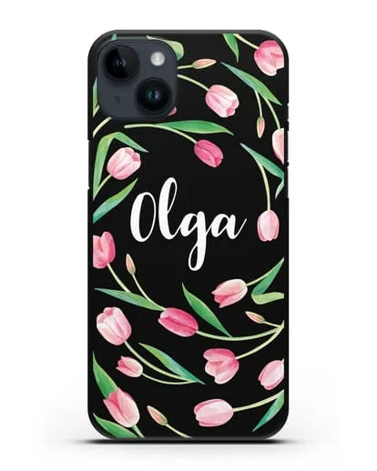 Именной чехол Тюльпаны розовые силиконовый для iPhone 14 Plus