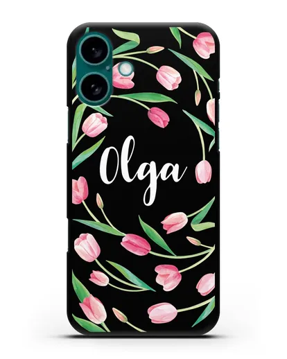 Именной чехол Тюльпаны розовые силиконовый для iPhone 16 Plus