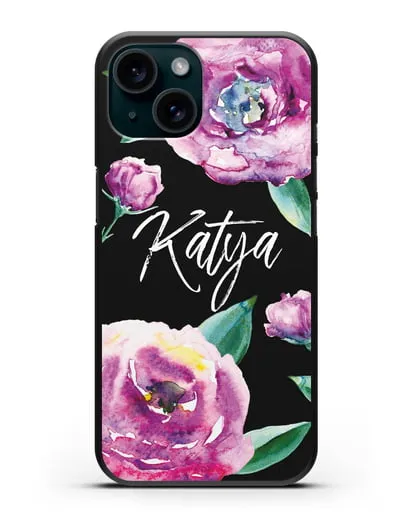 Именной чехол Эустома фиолетовая силиконовый для iPhone 15