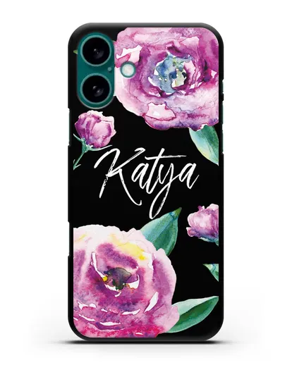 Именной чехол Эустома фиолетовая силиконовый для iPhone 16 Plus