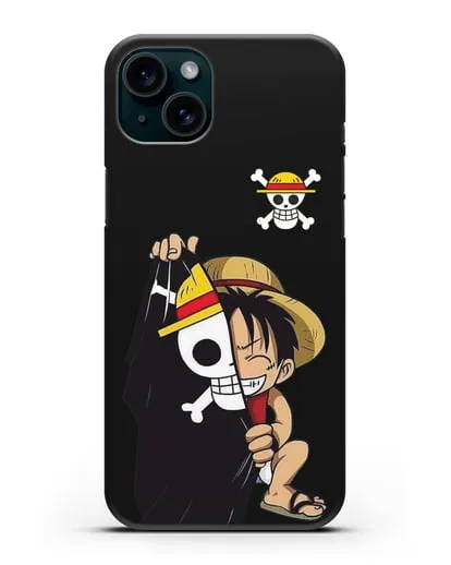 Чехол аниме Ванпис (One Piece) Луффи и флаг силиконовый для iPhone 15 Plus