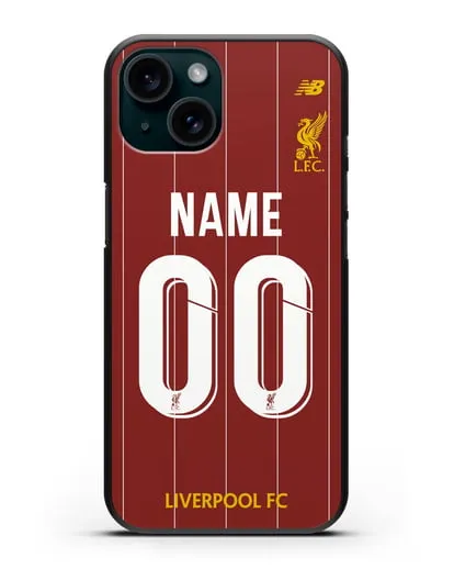 Именной чехол Ливерпуль с фамилией и номером (сезон 2019-2020) красная форма силиконовый для iPhone 15