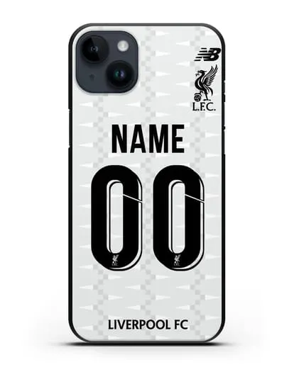 Именной чехол Ливерпуль с фамилией и номером (сезон 2019-2020) белая форма силиконовый для iPhone 14 Plus