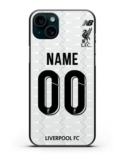 Именной чехол Ливерпуль с фамилией и номером (сезон 2019-2020) белая форма силиконовый для iPhone 15 Plus