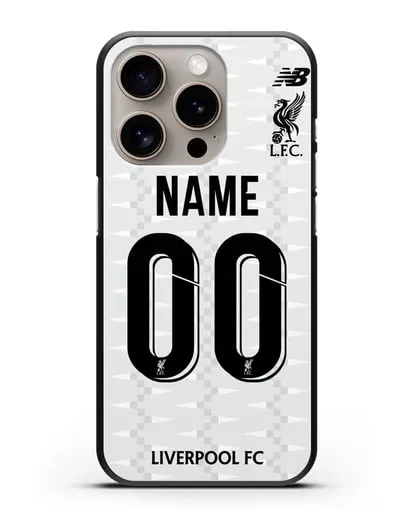 Именной чехол Ливерпуль с фамилией и номером (сезон 2019-2020) белая форма силиконовый для iPhone 15 Pro