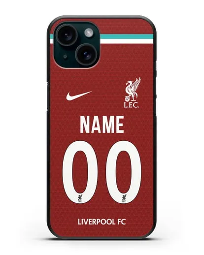Именной чехол ФК Ливерпуль с фамилией и номером (сезон 2020-2021) домашняя форма силиконовый для iPhone 15