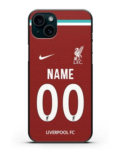 Именной чехол ФК Ливерпуль с фамилией и номером (сезон 2020-2021) домашняя форма силиконовый для iPhone 15 Plus