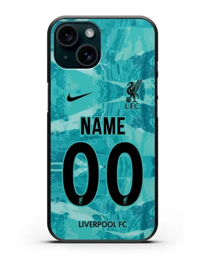 Именной чехол ФК Ливерпуль с фамилией и номером (сезон 2020-2021) гостевая форма силиконовый для iPhone 15