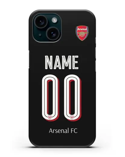 Именной чехол Арсенал с фамилией и номером (сезон 2018-2019) черная форма силиконовый для iPhone 15