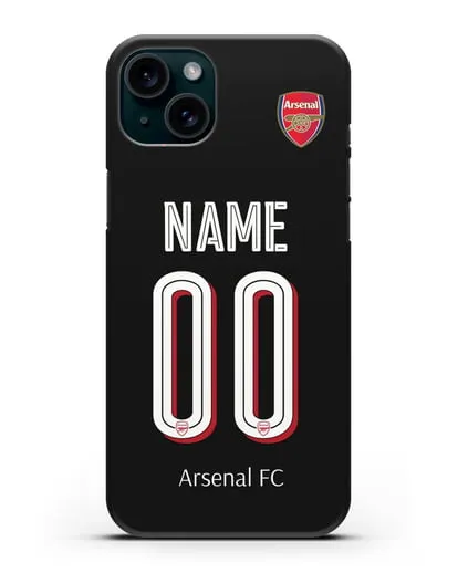 Именной чехол Арсенал с фамилией и номером (сезон 2018-2019) черная форма силиконовый для iPhone 15 Plus