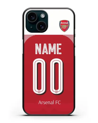 Именной чехол Арсенал с фамилией и номером (сезон 2018-2019) красная форма силиконовый для iPhone 15