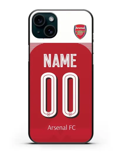 Именной чехол Арсенал с фамилией и номером (сезон 2018-2019) красная форма силиконовый для iPhone 15 Plus