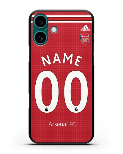 Именной чехол Арсенал с фамилией и номером (сезон 2019-2020) красная форма силиконовый для iPhone 16 Plus