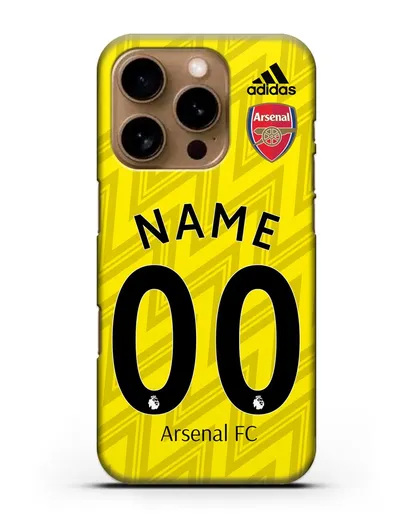 Именной чехол Арсенал с фамилией и номером (сезон 2019-2020) желтая форма силиконовый для iPhone 16 Pro