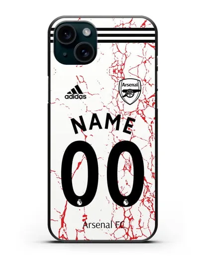 Именной чехол ФК Арсенал с фамилией и номером (сезон 2020-2021) гостевая форма силиконовый для iPhone 15 Plus