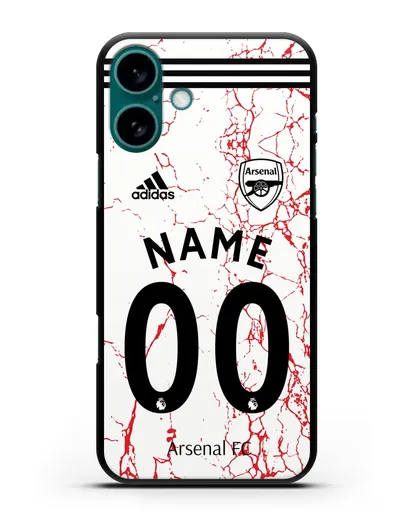 Именной чехол ФК Арсенал с фамилией и номером (сезон 2020-2021) гостевая форма силиконовый для iPhone 16 Plus
