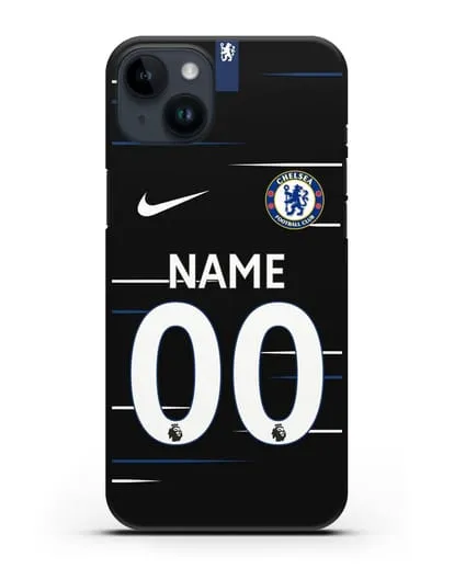 Именной чехол Челси с фамилией и номером (сезон 2018-2019) черная форма силиконовый для iPhone 14 Plus