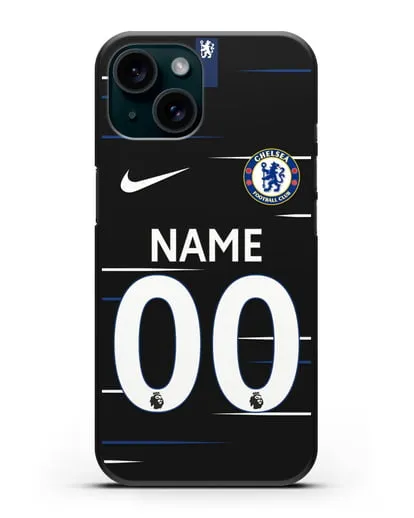 Именной чехол Челси с фамилией и номером (сезон 2018-2019) черная форма силиконовый для iPhone 15