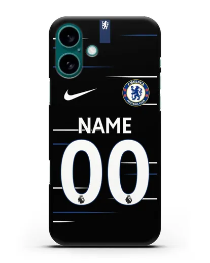 Именной чехол Челси с фамилией и номером (сезон 2018-2019) черная форма силиконовый для iPhone 16 Plus