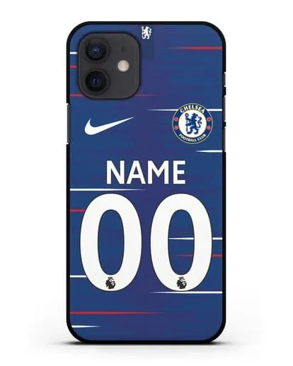 Именной чехол Челси с фамилией и номером (сезон 2018-2019) синяя форма силиконовый для iPhone 12