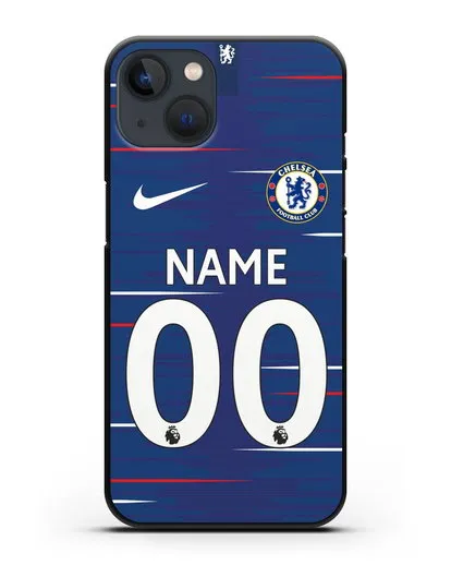 Именной чехол Челси с фамилией и номером (сезон 2018-2019) синяя форма силиконовый для iPhone 13