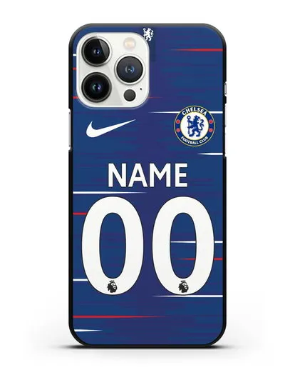 Именной чехол Челси с фамилией и номером (сезон 2018-2019) синяя форма силиконовый для iPhone 13 Pro Max