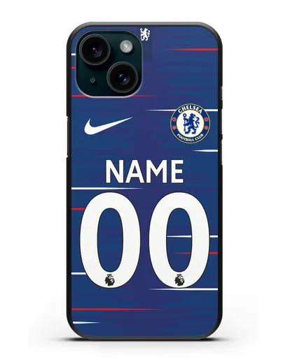 Именной чехол Челси с фамилией и номером (сезон 2018-2019) синяя форма силиконовый для iPhone 15